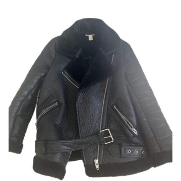 H&M Jackets & Blazers - H&M Black Shearling Moto Jacket with Belt